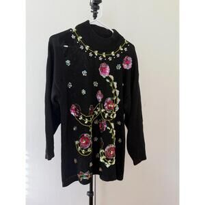 Western Connection Embellished Knit Sweater Black Floral Sequin Women’s Large
